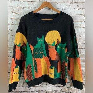 Vtg Cats In The Moonlight Women’s L XL Cotton Sweater Black Orange